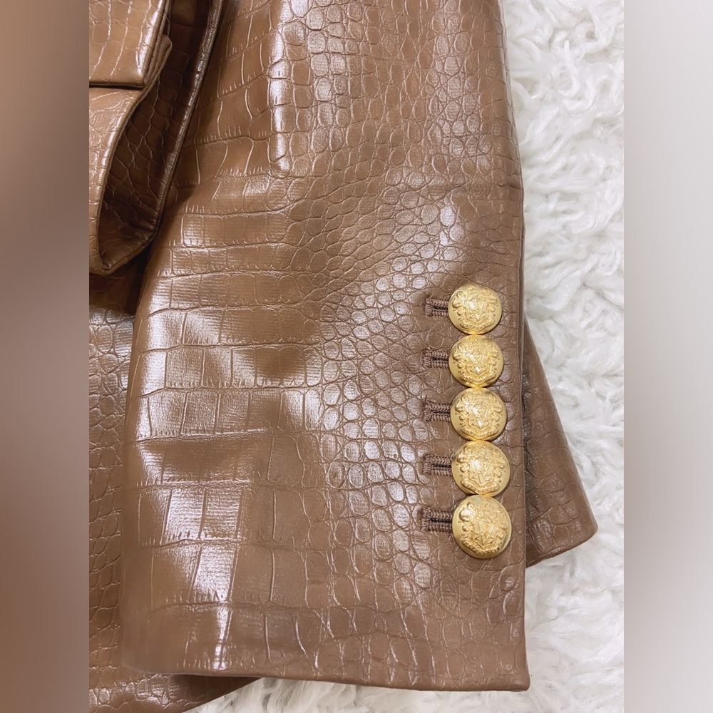 NWT Veronica Beard Lawrence Croc Embossed Faux Leather Dickey Jacket In Brown - Picture 12 of 13